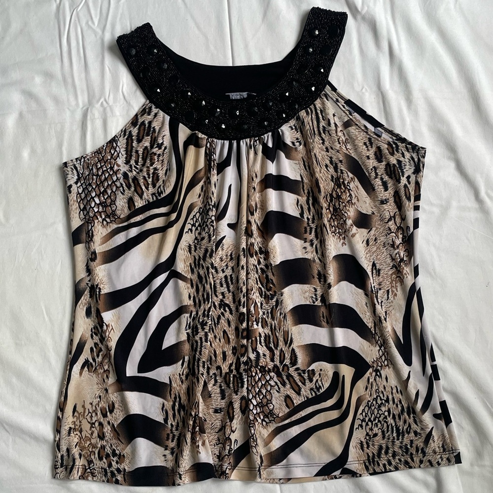 Laura Plus Animal Print Embellished V-Neck Sleeveless Top 14W